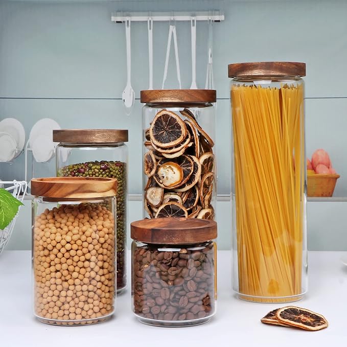 Flrolove Glass Canisters With Wooden Lids Kitchen Jars for Storage,Tea,Sugar and Coffee Container Set,Set of 5 Canisters for Candy, Cookie, Rice and Spice Jars
