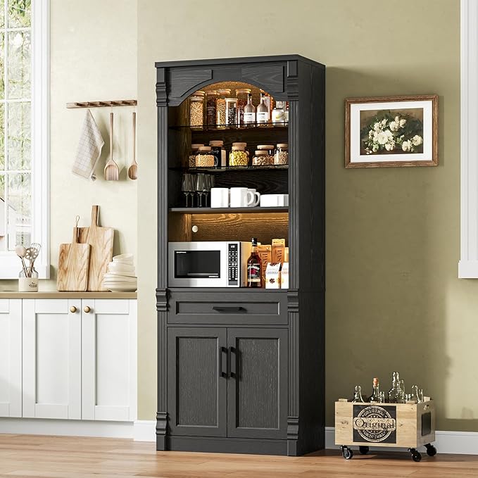 Rresyet 70.9" Tall Kitchen Pantry Storage Cabinet, Modern Kitchen Hutch Bar Cabinet with Lights, Freestanding Food Pantry with Adjustable Shelves and Drawer (Black)