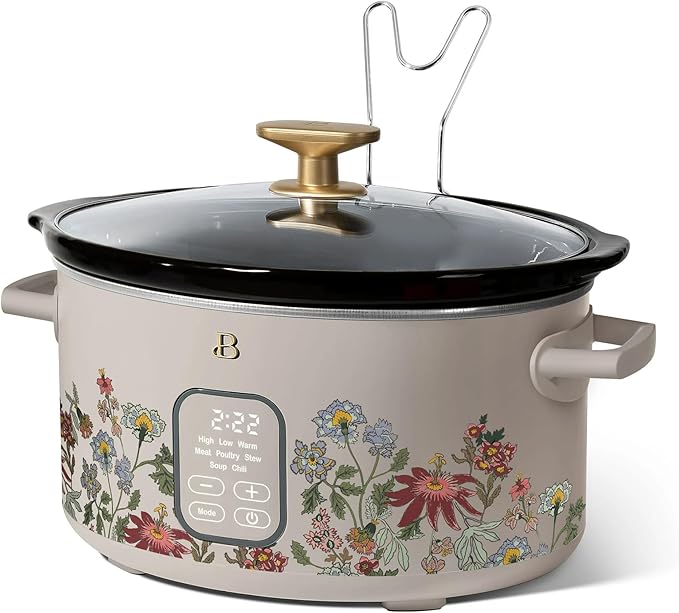 Beautiful 6 Quart Programmable Slow Cooker, 5 Cooking Presets, Digital Countdown Timer, Dishwasher Safe Parts by Drew Barrymore (Wildflower Porcini Taupe)