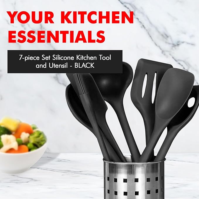 Chef Craft - Premium Silicone Kitchen Tools and Utensils Set, Non-Scratch, Withstands Temperatures up to 450째F, BPA-Free, 7 Piece Cooking Utensils Set, Black