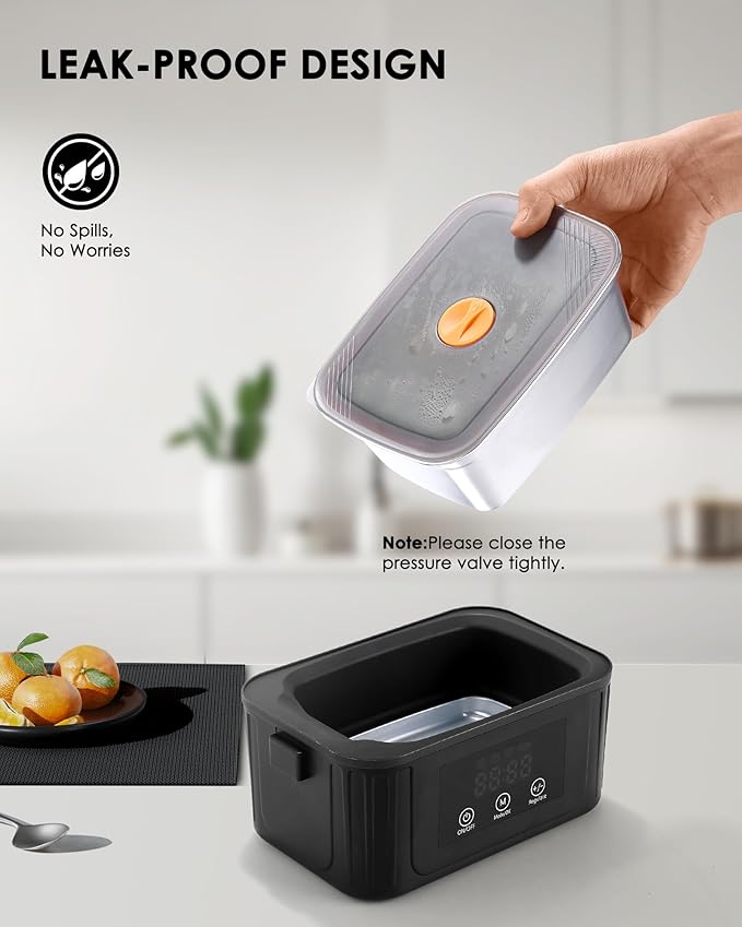 Aurevit Cordless Electric Lunch Box for Adults, 1.4L Heated Lunch Box for Men with Smart Meal Scheduling & Auto Keep Warm, Portable Food Warmer for Car with Insulated Bag, Ice Pack (Meteorite Black)