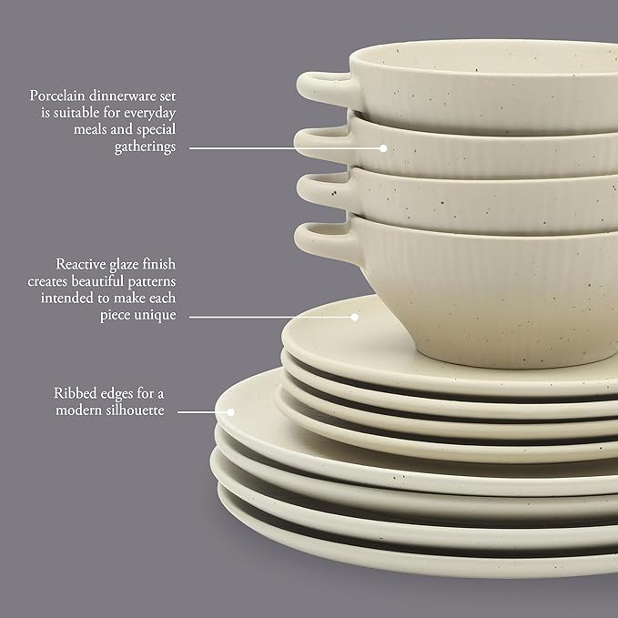 Gibson Elite Clover Hill 12-Piece Stoneware Dinnerware Set ??White Cream Embossed Plates and Bowls with Matte Speckled Reactive Glaze, Service for 4 ??Microwave & Dishwasher Safe