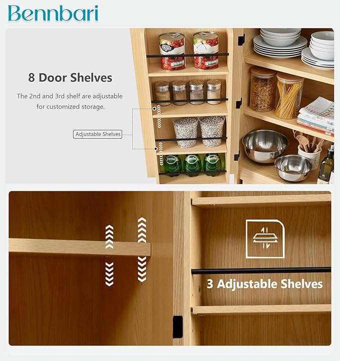 72" Tall Farmhouse Kitchen Pantry Cabinet with 8 Door Shelves, Curved Storage Cabinet with 3 Adjustable Shelves & Hidden Drawer, Versatile Cupboard for Kitchen, Dining & Bathroom (Natural)