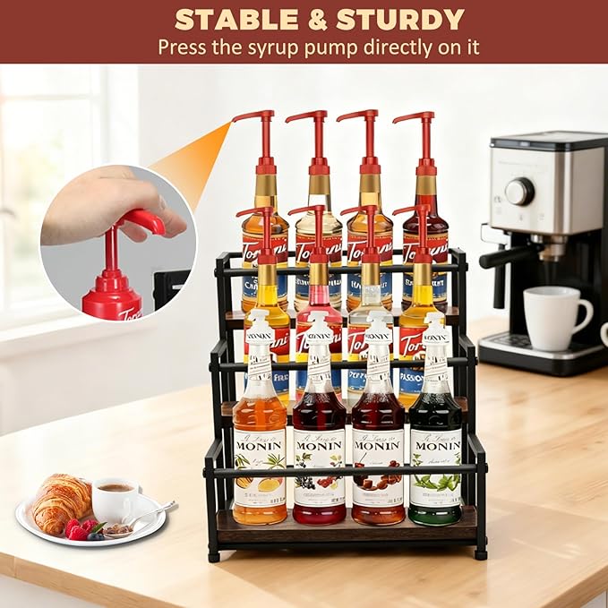 Coffee Syrup Rack Organizer - Metal Bottle Holder for 12 Bottles ??Rustic Countertop Display Shelf for Coffee Bar, Kitchen Cabinet, Pantry Storage for Syrups, Liquor, Spice, Tea & Wine (3-Tier)
