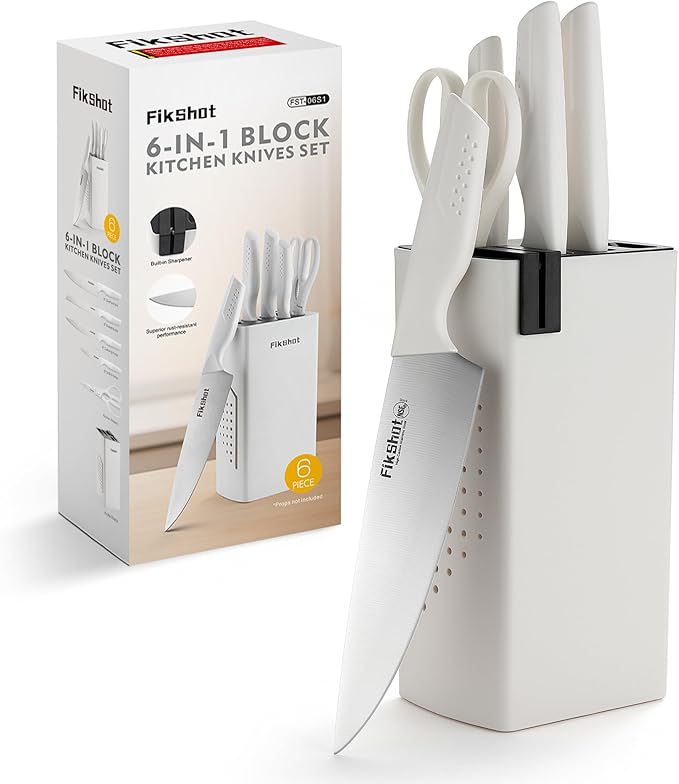 Knife Set, FIKSHOT 6-Piece Kitchen Knife Block Set with & Built-In Sharpener, Dishwasher Safe High Carbon Stainless Steel Blades, Rust-Resistant ??Ideal Housewarming Gift