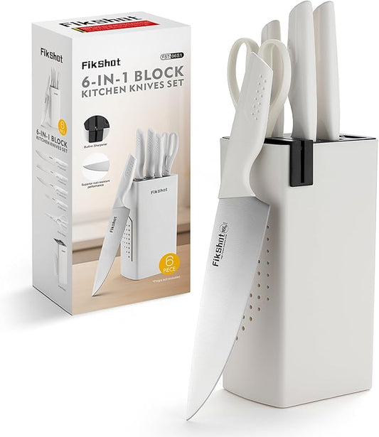 Knife Set, FIKSHOT 6-Piece Kitchen Knife Block Set with & Built-In Sharpener, Dishwasher Safe High Carbon Stainless Steel Blades, Rust-Resistant ??Ideal Housewarming Gift