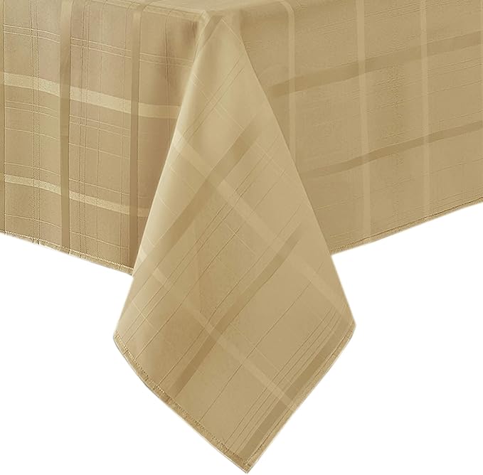 Newbridge 60 x 84 Inch Rectangle Fabric Tablecloth, Elegance Plaid, 100% Polyester, No Iron Soil Resistant Dining Room, Party and Banquet Table Cover, Solid Textured, Ribbon Gold