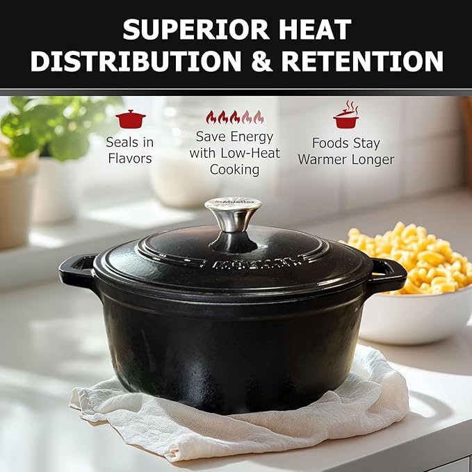 MUELLER HOME 4.5 QT Enameled Cast Iron Dutch Oven, Heavy-Duty Casserole Dish and Braiser Pan with Lid and Stainless Knob, Oven-Safe up to 500째 F & Across All Cooktops, Black