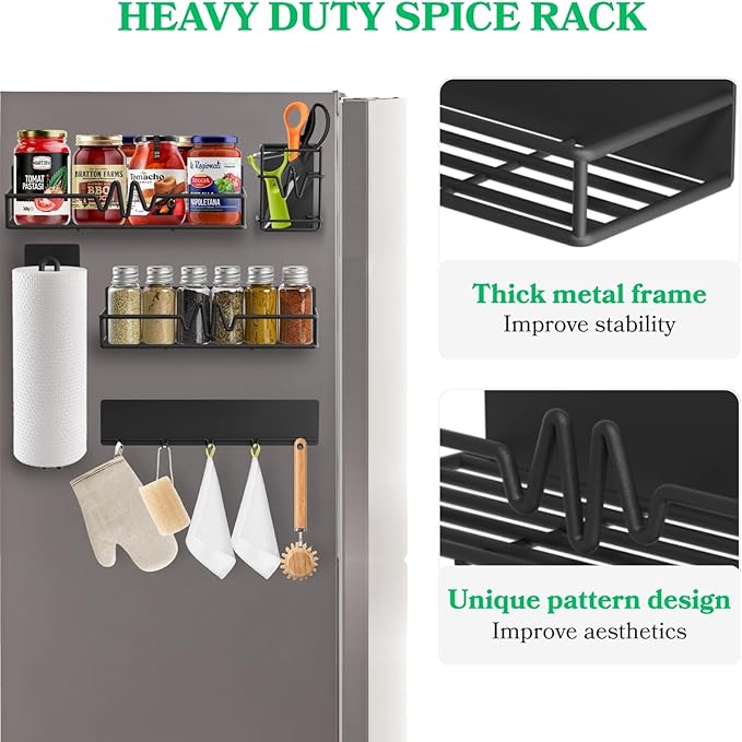 5-Pack Magnetic Spice Rack for Refrigerator, Heavy Duty Magnetic Shelf for Fridge Set with Paper Towel Holder, Utensils Racks & Hook Rail, Home Kitchen Laundry Room RV Storage Organization- Black