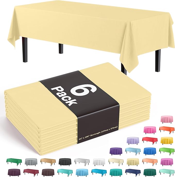 Party Solids Pack Of 6 Premium Plastic Tablecloth 54 Inch x 108 Inch Rectangle Plastic Table Cover - Light Yellow