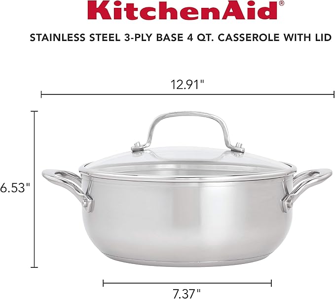 KitchenAid 71011 3-Ply Base Brushed Stainless Steel Casserole Dish/Pan with Lid, 4 Quart