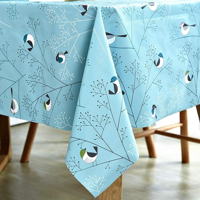 LOHASCASA Rectangular Vinyl Tablecloth Oil Cloth Plastic Peva Wipable Spill-Proof Heavy Duty Tablecloths Dining Teal Bird 54 x 78 Inch