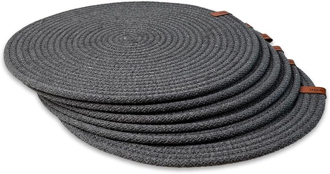Round Placemats, Set of 6, Handmade by Braided Cotton Cord for Kitchen and Dining Table, Dia. 12.6 Inch, Doublesided, Heat Resistant, Dark Gray
