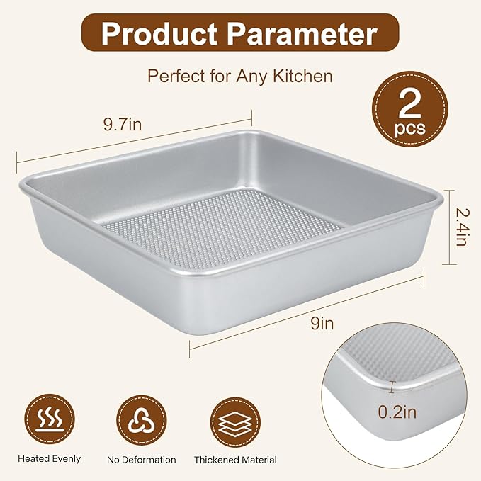 Logario 9-Inch Square Cake Pan Set of 2, Heavy Duty Nonstick with Textured Honeycomb Surface, Aluminized Steel BPA & PFOA Free, Warp Resistant, Even Heating for Brownies, Lasagna, Pizza & Casseroles
