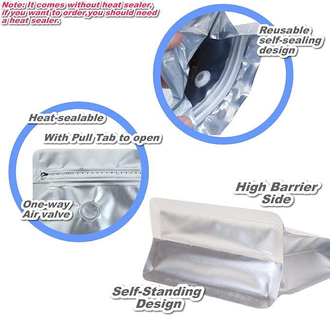 150 Pack High Barrier Stand-Up Coffee Bean Bags with Vented Valve, Matte Metallic, Heat-Sealable and Resealable Solid Color Pouches for Food Storage (6 * 12.8 inch,2 lb,32 oz,Silver)