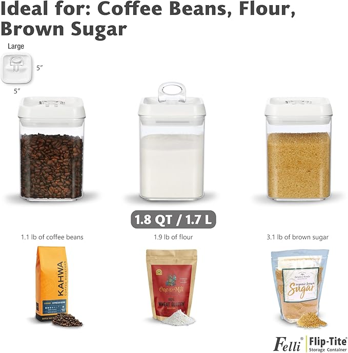 Felli Flip Tite Storage Container with Built-In Spoon & Airtight Lid 5??Large-M Ring Flip Top, Stackable Acrylic Canister for Rice Sugar Flour Protein Powder, Kitchen Pantry Organizer (1.8qt)