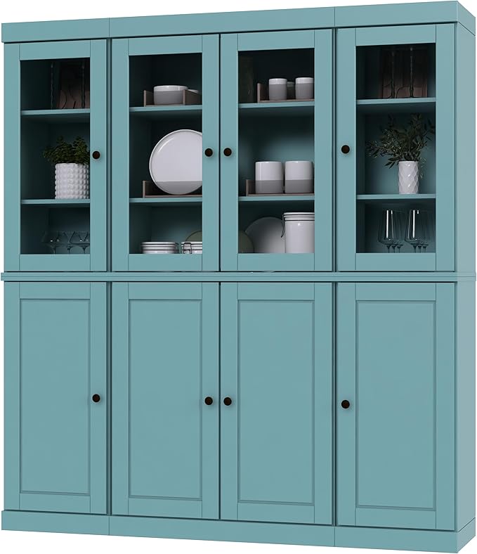 Palace Imports 100% Solid Wood Kitchen Pantry Hutch, Aqua, 65" w x 71.5" h x 15.5" d, Renewable Eco-Friendly Wood, Made in Brazil