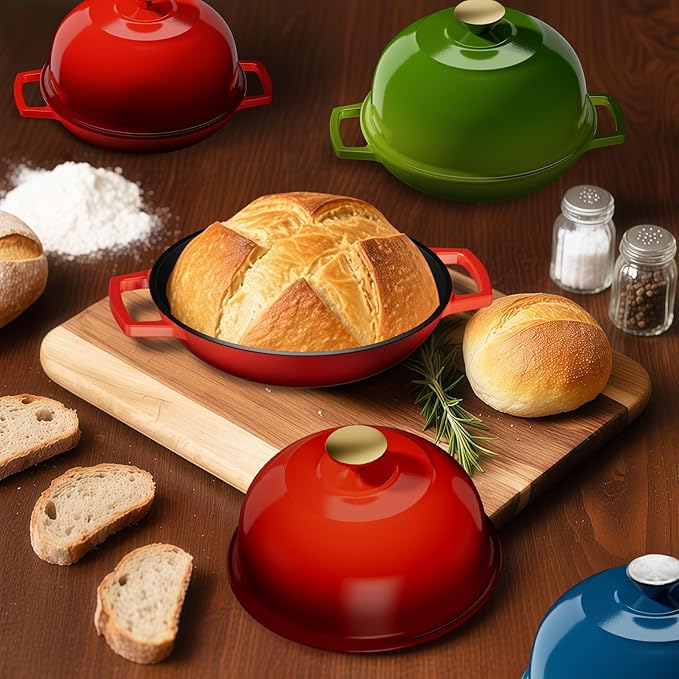YUTANN Cast Iron Bread Baking Dutch Oven - Enameled Cast Iron Oven Pot with Dome Lid,5QT Bread Baker for Perfect Crust,Oven Safe to 500째F,Classic Red