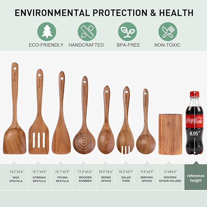 Wooden Spoons for Cooking - 8-Piece Wooden Kitchen Utensil Set made of Natural Solid Wood Material - Includes Spoons, Spatulas, Ladles, Strainer Spoon, Salad Fork, Mixing Spoon and Utensil Holder