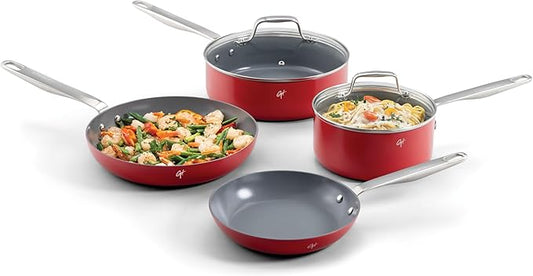 Guy Fieri's Flavortown 6-Piece Ceramic Cookware Set, 8" & 10.2" Frypans, 2QT Saucepan, 3.2QT Saut챕pan Nonstick, Made without PFAS PTFE PFOA, Oven & Dishwasher Safe, Easy to Clean, Red