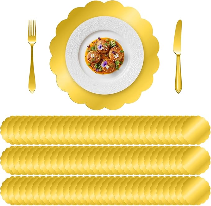 100 PCS Scalloped Gold Placemats, 13.5" Disposable Paper for Dining Table, Mirrored Gold Chargers Place Mats for Birthday Banquet, Party, Holiday, Wedding, Christmas