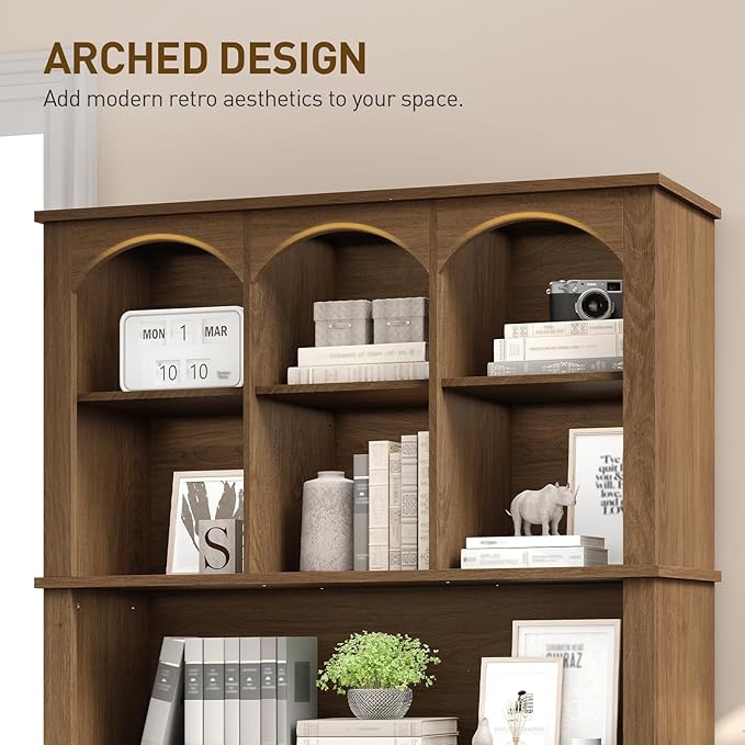 73.2" Tall Farmhouse Arched Bookshelf with Drawer and Door, 6 Tier Mid Century Modern Book Shelf and Bookcase with Storage, Floor Standing Display Cabinet for Living Room, Home Office, Walnut