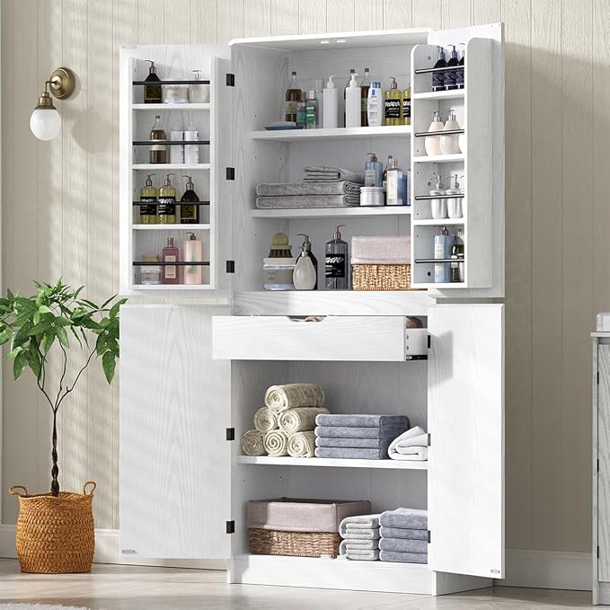72" Tall Farmhouse Kitchen Pantry Cabinet with 8 Door Shelves, Curved Storage Cabinet with 3 Adjustable Shelves & Hidden Drawer, Versatile Cupboard for Kitchen, Dining & Bathroom (White)