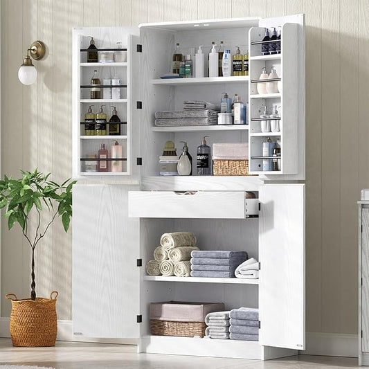 72" Tall Farmhouse Kitchen Pantry Cabinet with 8 Door Shelves, Curved Storage Cabinet with 3 Adjustable Shelves & Hidden Drawer, Versatile Cupboard for Kitchen, Dining & Bathroom (White)