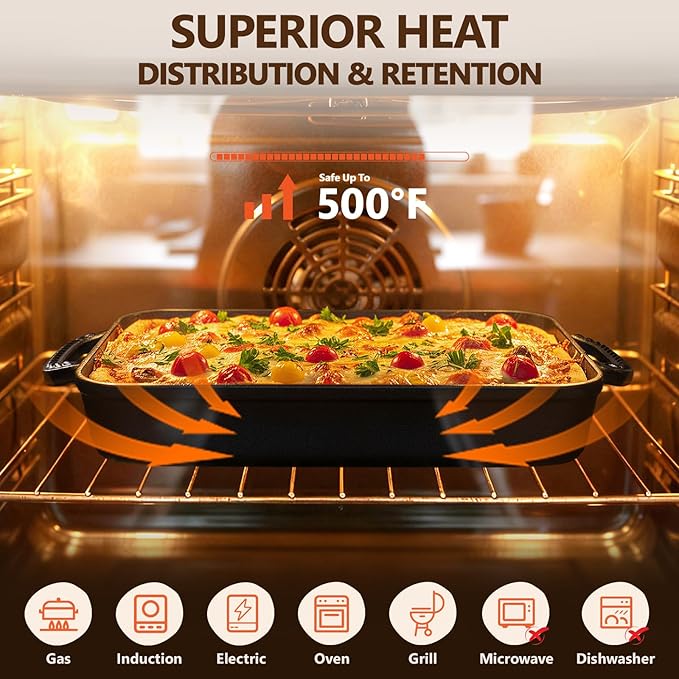 Cast Iron Detroit Pizza Pan - 9x13 Inch Pre-Seasoned Deep Baking Dish for Casserole, Focaccia, Lasagna