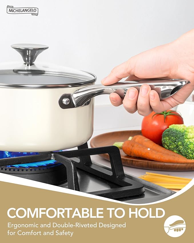 MICHELANGELO Pots and Pans Set Non Stick - Ceramic Cookware Set Non Toxic, 8-Pcs Nonstick Pots and Pans with Ergonomic Handle, Dishwasher Safe & Induction Compatible, Cream