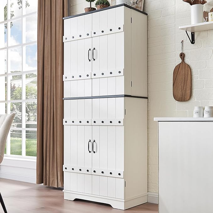 VanAcc 72" Tall Farmhouse Kitchen Pantry Cabinet with Door Organizer & Adjustable Shelves, Wooden Storage Cupboard with Drawer and Barn Doors for Kitchen, Dining Room, Living Room, Distressed White