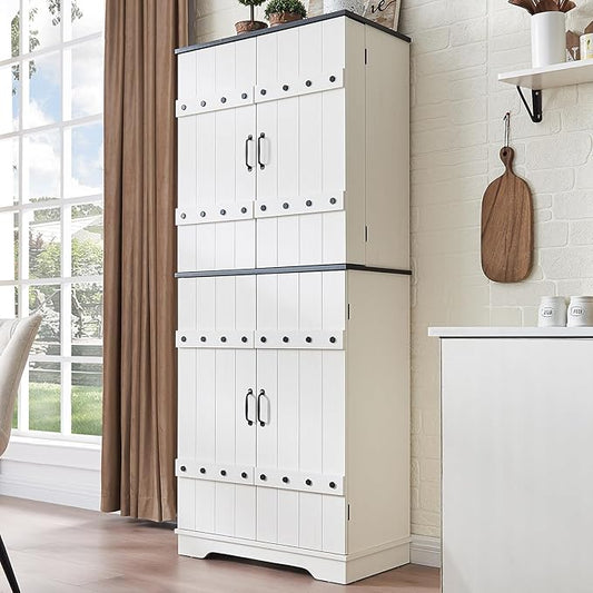 VanAcc 72" Tall Farmhouse Kitchen Pantry Cabinet with Door Organizer & Adjustable Shelves, Wooden Storage Cupboard with Drawer and Barn Doors for Kitchen, Dining Room, Living Room, Distressed White