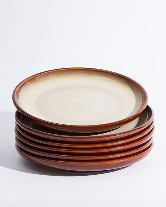 10 Inch Dinner Plates Set of 6, Stoneware Round Salad Dessert Plates, Serving Plates, Microwave & Dishwasher Safe, Brown and Yellow
