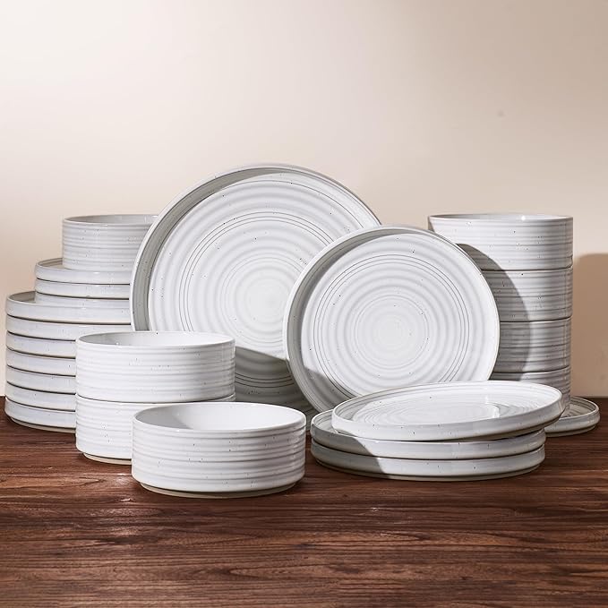Stoneware Dinnerware Dishes Set for 8, 24 Pieces Spiral Plates and Bowls Sets with Straight Rim, Speckles & Reactive Glaze - Microwave and Dishwasher Safe, White