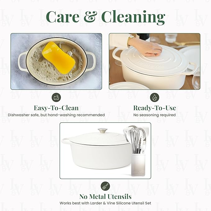 Larder & Vine Enameled Cast Iron 8 qt Dutch Oven Pot with Lid | Bread Baking | Compatible on All Cooktops & Oven Safe to 500째 F | Great for Sourdough Bread | White