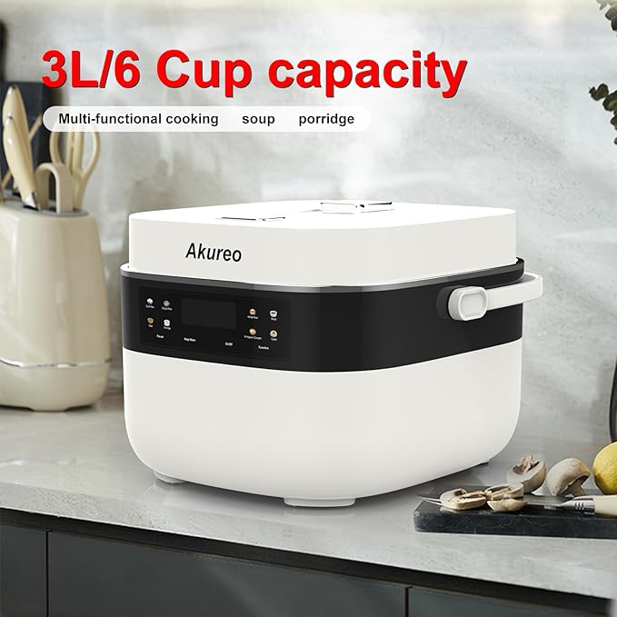 3L Smart Rice Cooker, 6-Cup Uncooked, Fuzzy Logic, Stainless steel spherical inner pot with non-stick ceramic glaze coating, Keep Warm, Cream White
