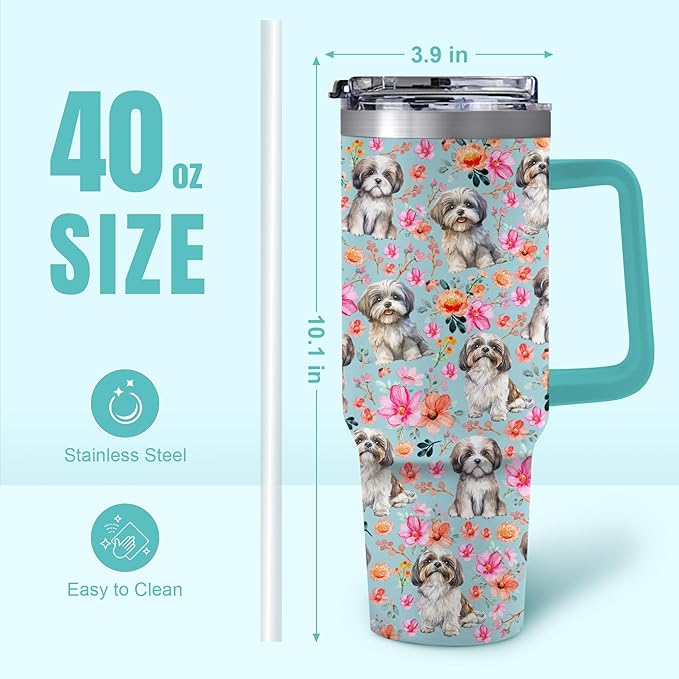 Yogusut Shih Tzu Gifts for Women, 40oz Stainless Steel Insulated Tumbler Travel Mug Cup with Handle Straw, Gifts for Dog Mom Dog Lover