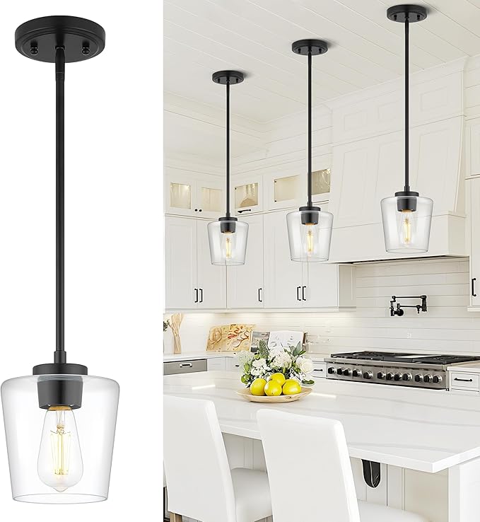 Black Pendant Lights Kitchen Island, 6" Hanging Lights Fixtures with Clear Glass Shade, Modern Kitchen Pendant Lighting Over Island for Dining Room, AD-22004-1P-BK-C