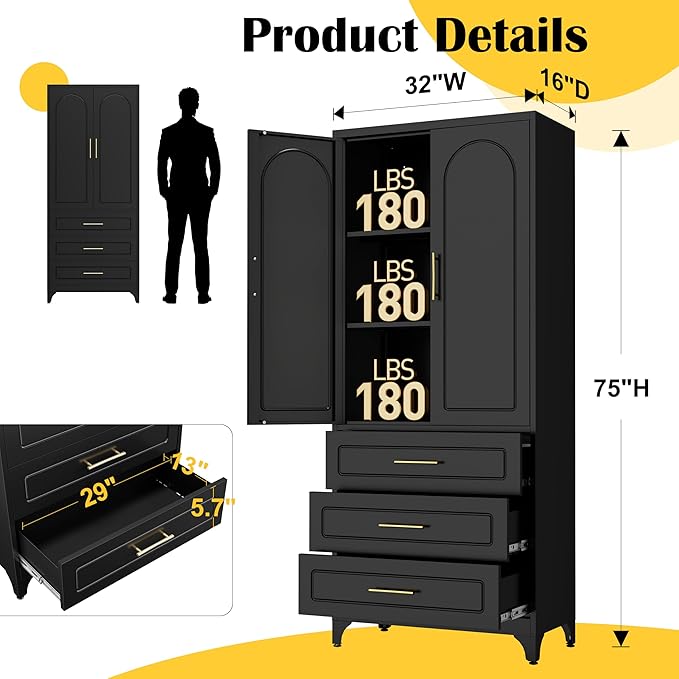 Metal Kitchen Pantry Storage Cabinet with 3 Drawers竊?5 Inch Black Food Pantry Cabinets for Kitchen Storage with 2 Adjustable Shelves,Tall Storage Cupboard for Living Room,Dining Room Office