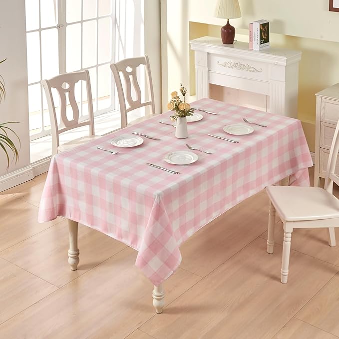 BALCONY & FALCON Rectangle Gingham Table Cloth ??Water-Resistant Cotton Blend, Spill-Proof & Washable Checkered Tablecloth for Kitchen, Dining, Picnic, Party (Pink White, 55x71 Inch)