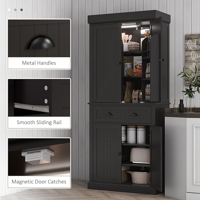 HOMCOM 71" Kitchen Pantry Cabinet with LED Motion Sensor Light, Tall Storage Cabinet with 6 Door Shelves, Drawer & Adjustable Shelves, for Living & Dining Room, Black