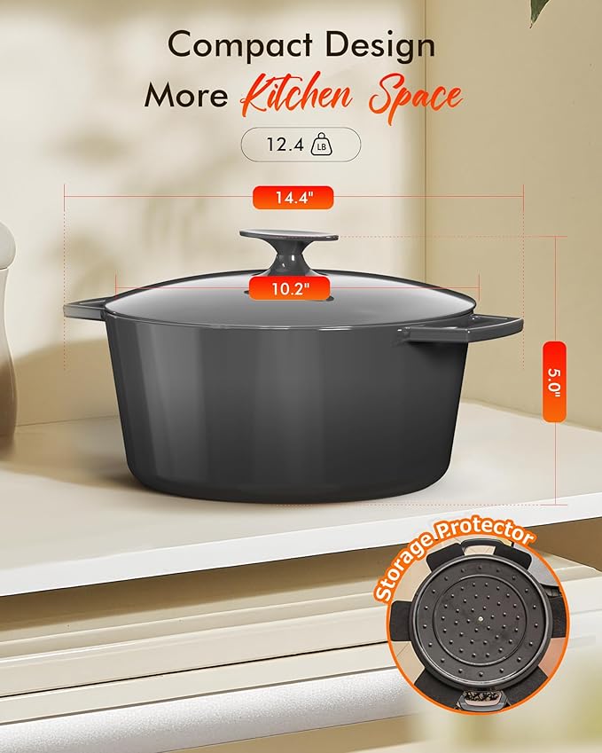 Nuwave 6QT LUX Healthy Enameled Cast Iron Dutch Oven Pot with Lid, Heavy Duty 7-Layer Enamel, Enhanced Rust Protection, Dual Handles, Oven Safe to 500째F for Sourdough Bread Baking, Braise, Stew, Roast