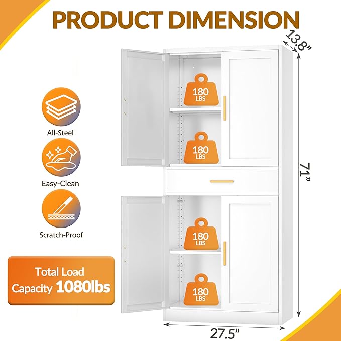Kitchen Pantry Cabinet,71??Metal Tall Pantry Storage Cabinet with Doors 2 Adjustable Shelves and a Drawer,Kitchen Storage Cabinets White Freestanding Food Cabinet for Pantries, Kitchen, Dining Room