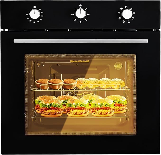 24 Inch Built-In Electric Wall Oven, 2.5 Cu.Ft Single Convection Oven with 8 Cooking Functions, 3000W High-Power Heating, Mechanical Knob Controls, Modern Black Finish