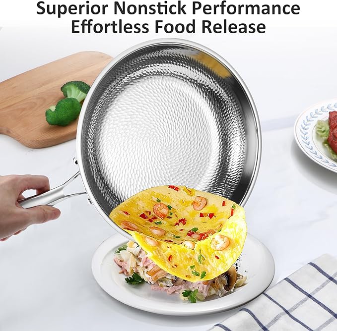 Lazycorner Hammered Non Stick Frying Pan with Lid - 12 Inch Stainless Steel Kitchen Cookware Pot Scratch-Resistant, Even Heating Cookware for All Stovetops (12in-With Lid)