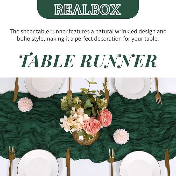 RealBox 3 Pack Emerald Green Cheesecloth Table Runner 17x108 Inch Semi Sheer Boho Gauze Cheese Cloth Fabric Table Runners Table Decor for Wedding Party Baby Shower Birthday Home Decor Garden Farmhouse