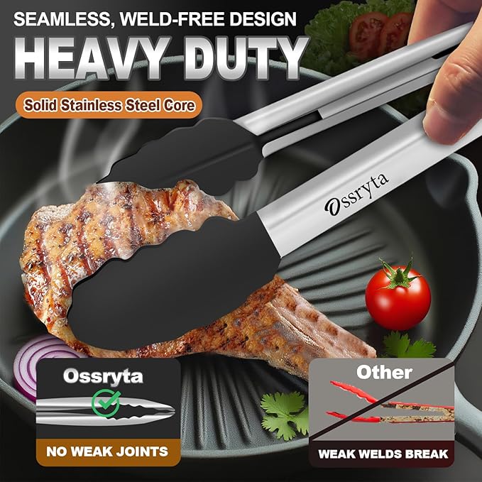 Kitchen Tongs with Silicone Tips - Heat Resistant 600째F Stainless Steel Cooking Tong Set, Non-Stick 7" 9" 12" Locking Silicone Tongs for Cooking, Grilling, Serving & Baking (3-Piece, Black)