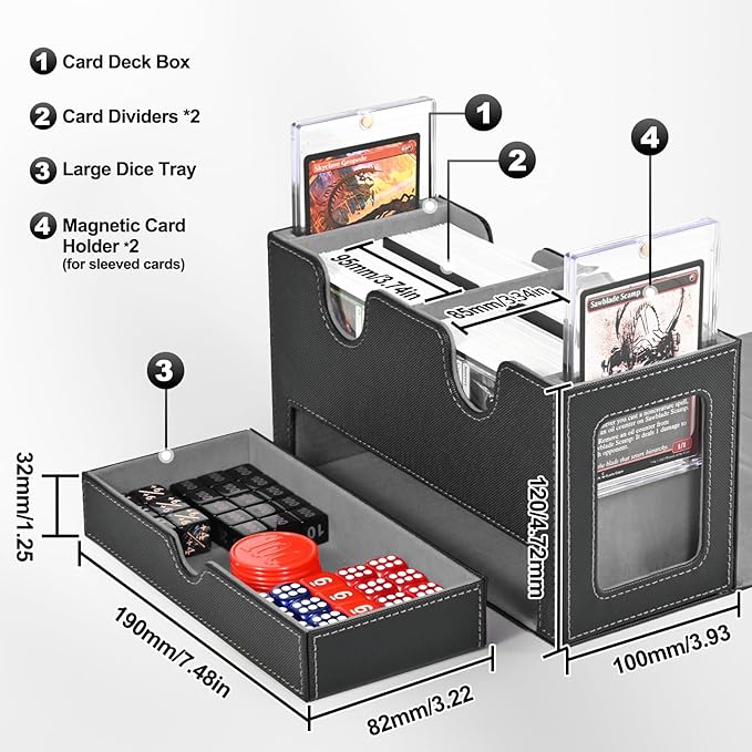 Card Deck Box for MTG, Double Storage Box with 2 Commander Display & 1 Dice Tray, Fits 200+ Double Sleeved, Organizer for CCG TCG Sports(Black Gray)