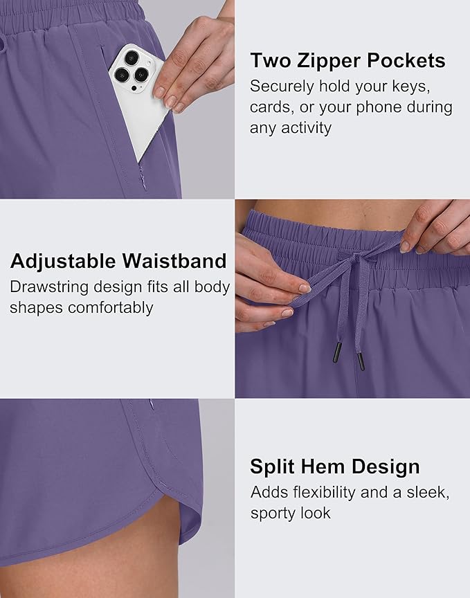 Women's 5" Running Shorts Quick Dry Sporty Athletic Gym Workout Shorts with Zipper Pockets Liner