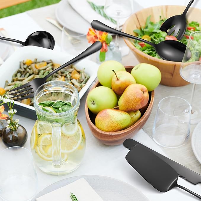 A 쨌 HOUSEWAR Black Flatware Serving Set 7 Piece Stainless Steel Catering Utensils include Soup Ladle Large Slotted Spoon Big Server Fork12??Cake Knife Pizza Spatula Parties Buffet